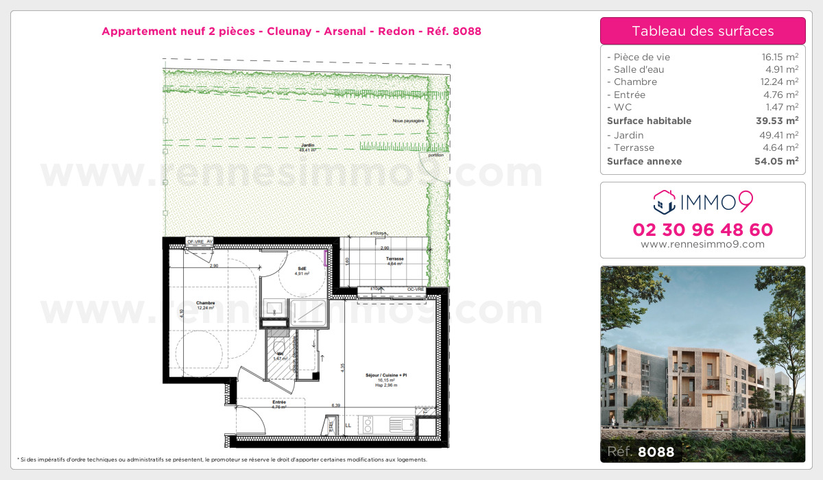 Plan et surfaces, Programme neuf Rennes : Cleunay - Arsenal - Redon Référence n° 8088