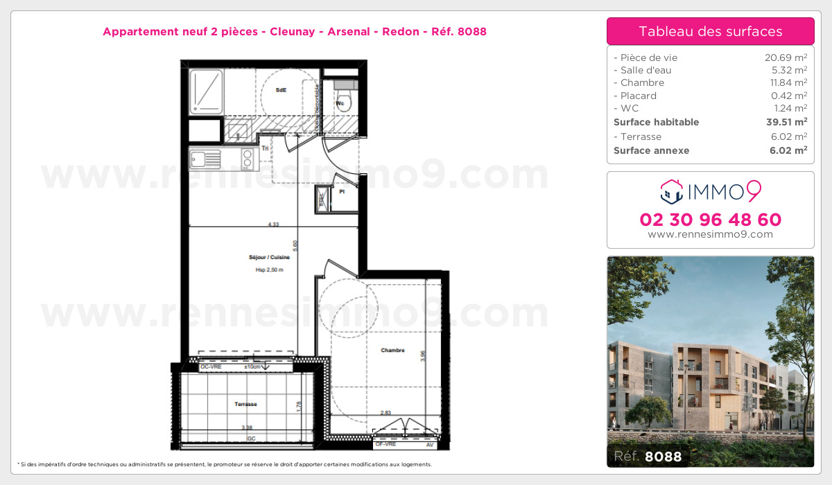 Plan et surfaces, Programme neuf Rennes : Cleunay - Arsenal - Redon Référence n° 8088