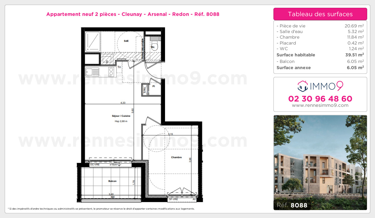 Plan et surfaces, Programme neuf Rennes : Cleunay - Arsenal - Redon Référence n° 8088