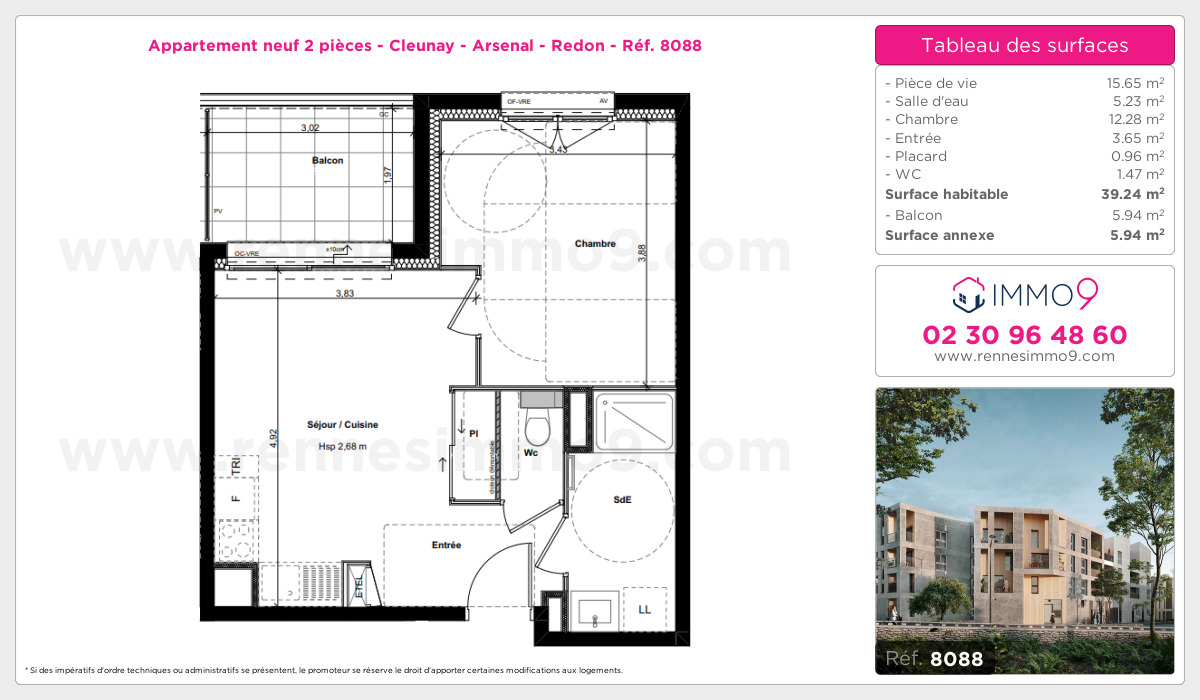 Plan et surfaces, Programme neuf Rennes : Cleunay - Arsenal - Redon Référence n° 8088