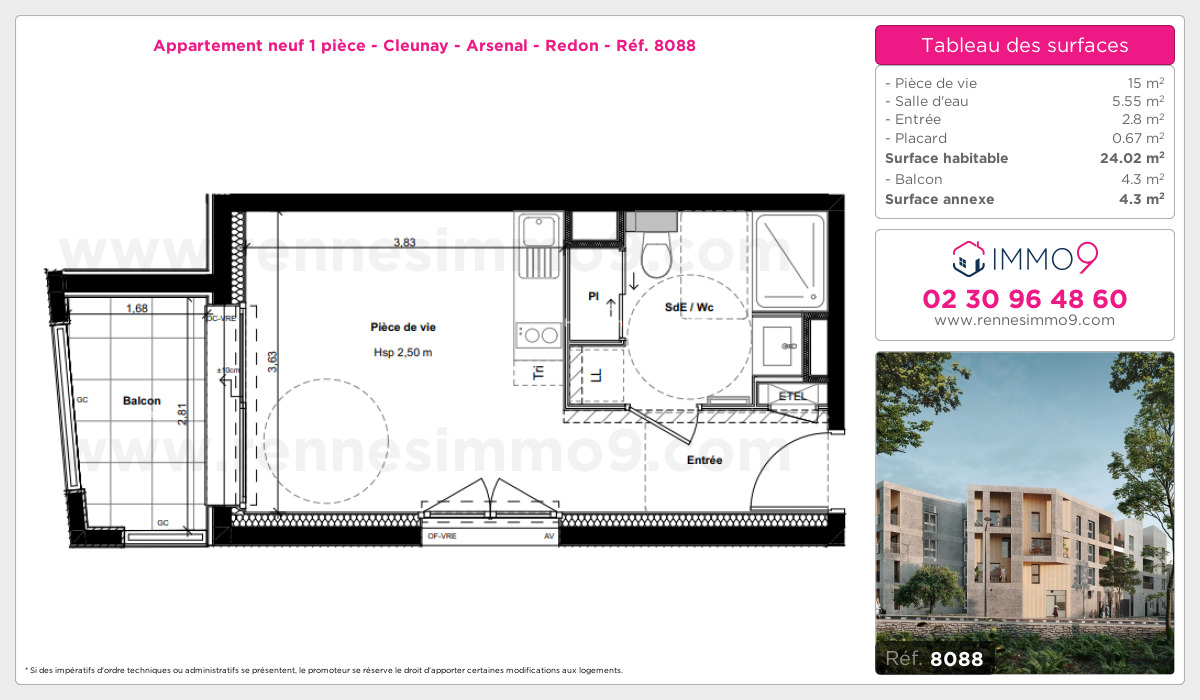 Plan et surfaces, Programme neuf Rennes : Cleunay - Arsenal - Redon Référence n° 8088