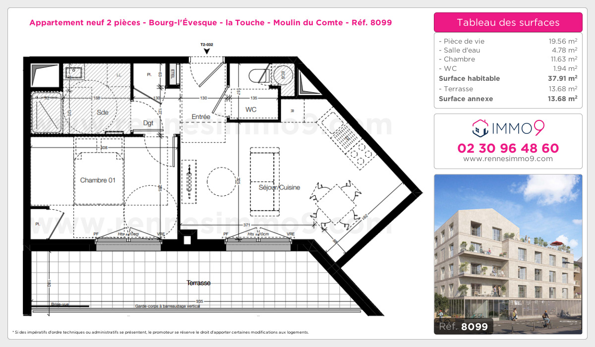 Plan et surfaces, Programme neuf Rennes : Bourg-l'Évesque - la Touche - Moulin du Comte Référence n° 8099