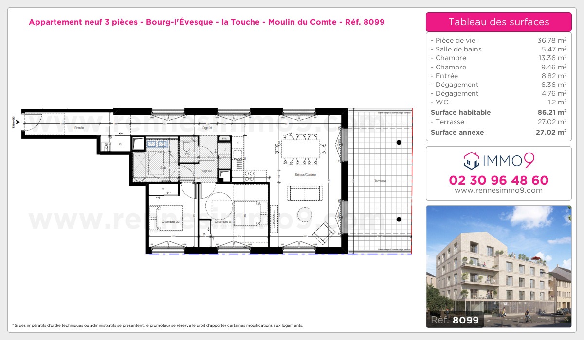Plan et surfaces, Programme neuf Rennes : Bourg-l'Évesque - la Touche - Moulin du Comte Référence n° 8099