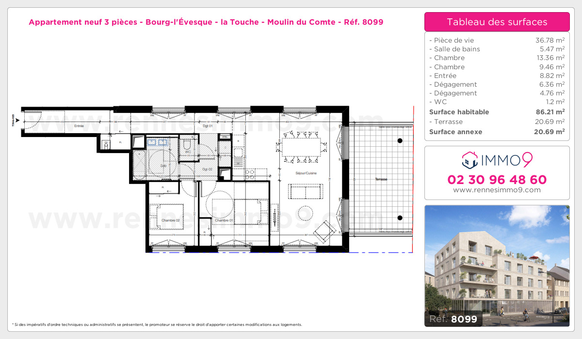 Plan et surfaces, Programme neuf Rennes : Bourg-l'Évesque - la Touche - Moulin du Comte Référence n° 8099