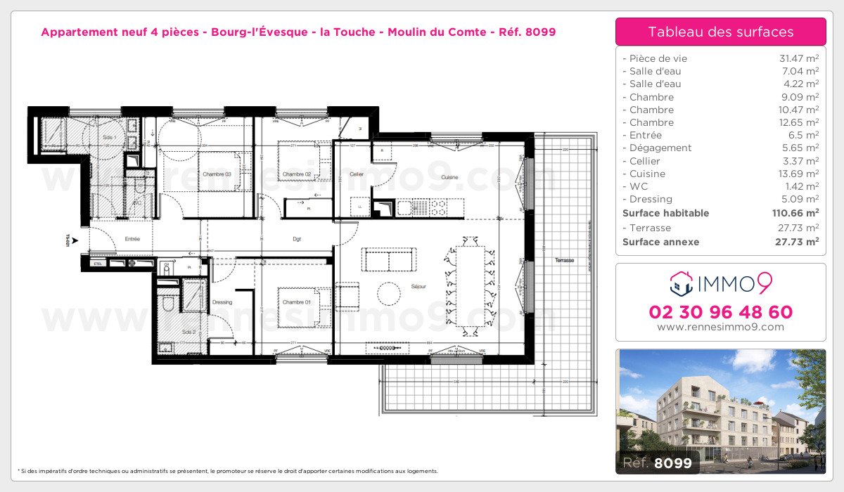Plan et surfaces, Programme neuf Rennes : Bourg-l'Évesque - la Touche - Moulin du Comte Référence n° 8099