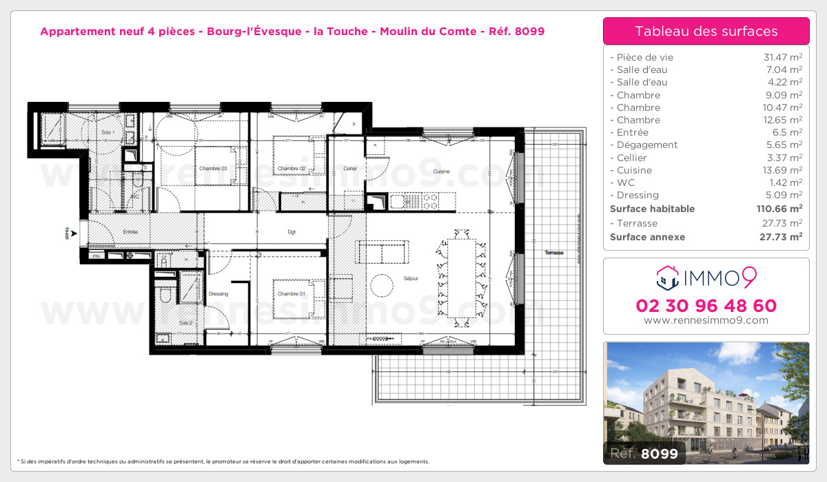 Plan et surfaces, Programme neuf Rennes : Bourg-l'Évesque - la Touche - Moulin du Comte Référence n° 8099