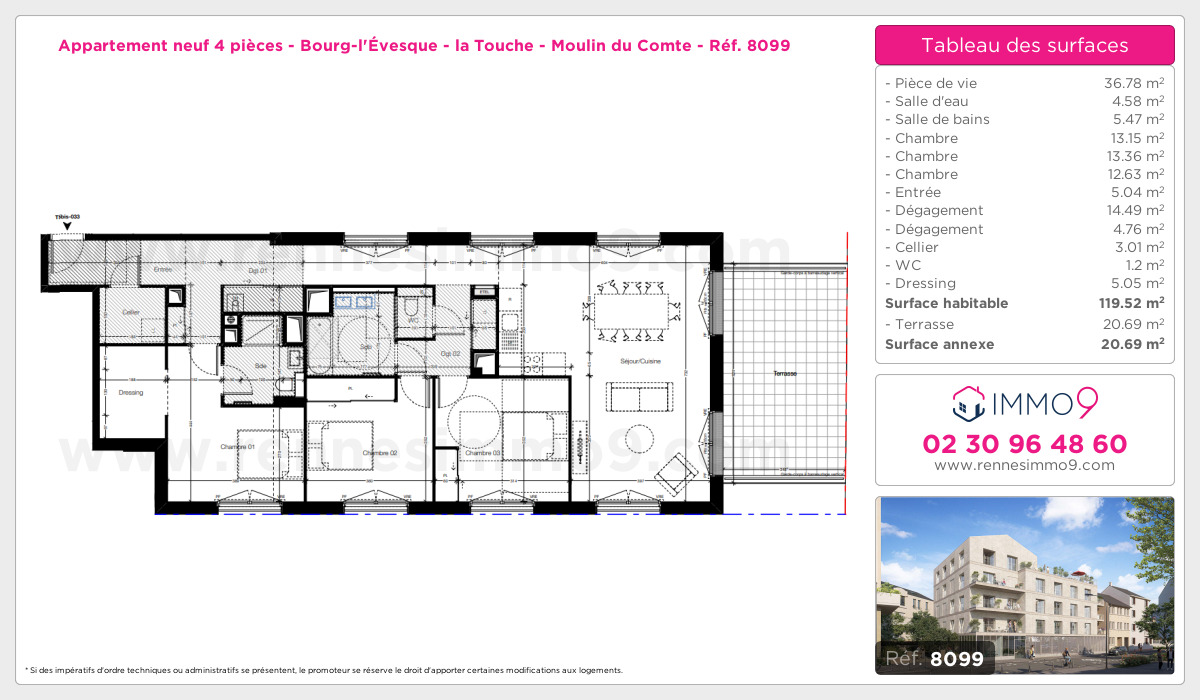Plan et surfaces, Programme neuf Rennes : Bourg-l'Évesque - la Touche - Moulin du Comte Référence n° 8099