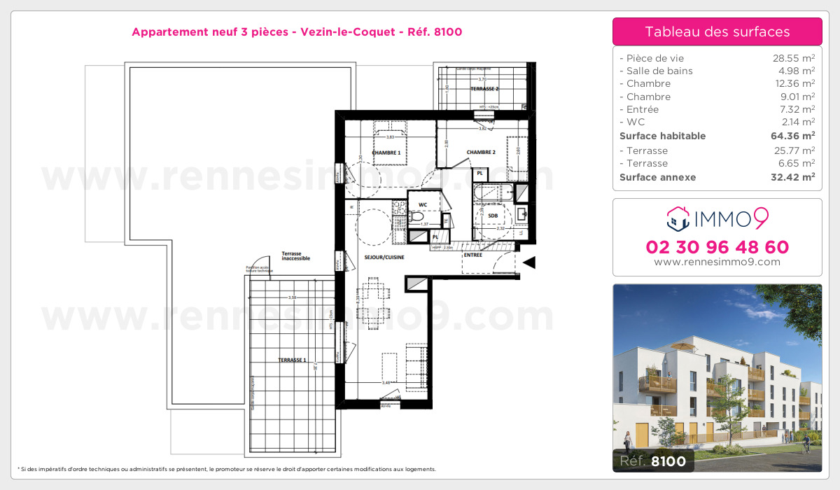 Plan et surfaces, Programme neuf Vezin-le-Coquet Référence n° 8100