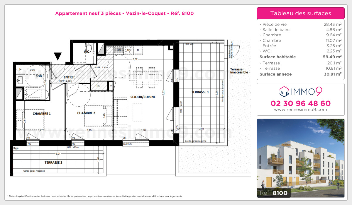 Plan et surfaces, Programme neuf Vezin-le-Coquet Référence n° 8100