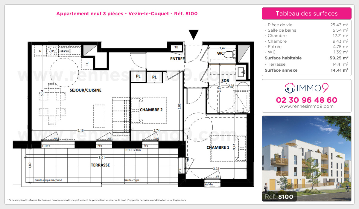 Plan et surfaces, Programme neuf Vezin-le-Coquet Référence n° 8100