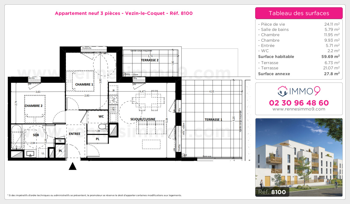 Plan et surfaces, Programme neuf Vezin-le-Coquet Référence n° 8100