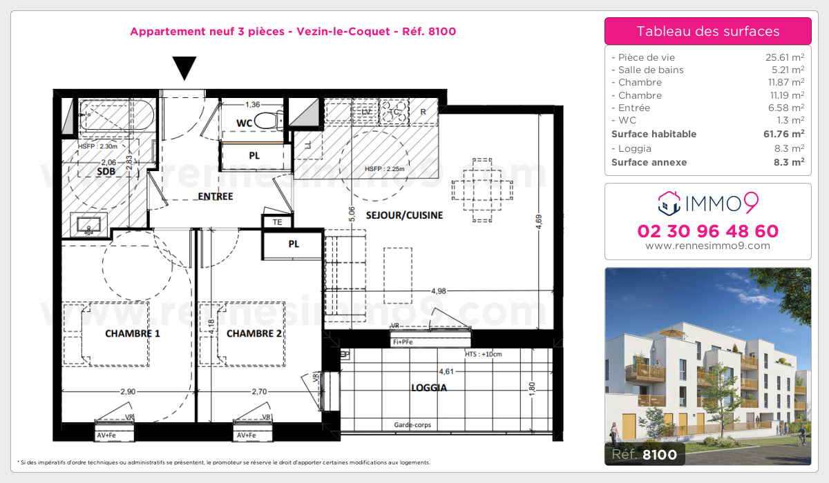 Plan et surfaces, Programme neuf Vezin-le-Coquet Référence n° 8100