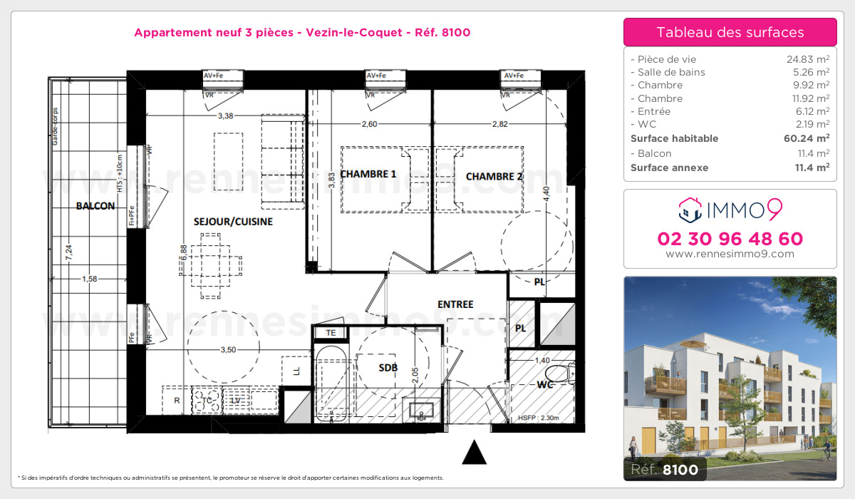 Plan et surfaces, Programme neuf Vezin-le-Coquet Référence n° 8100