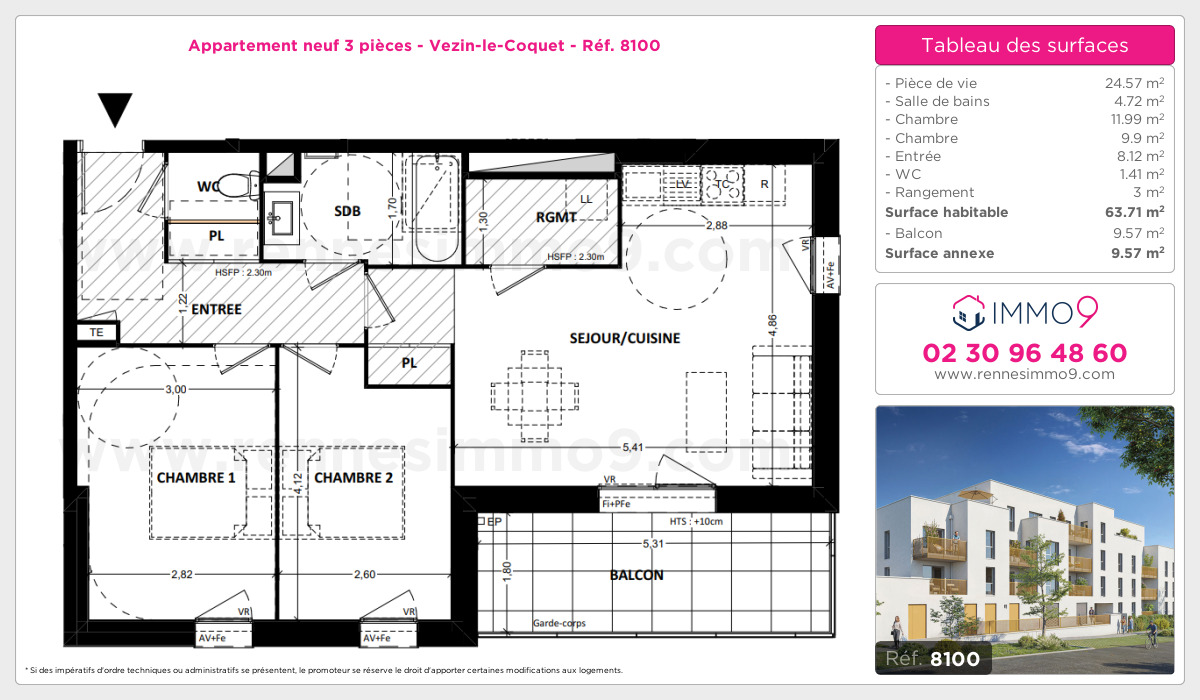 Plan et surfaces, Programme neuf Vezin-le-Coquet Référence n° 8100