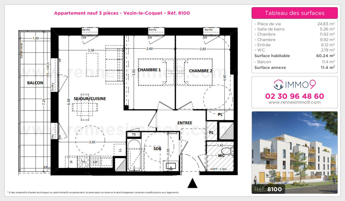 Plan et surfaces, Programme neuf Vezin-le-Coquet Référence n° 8100
