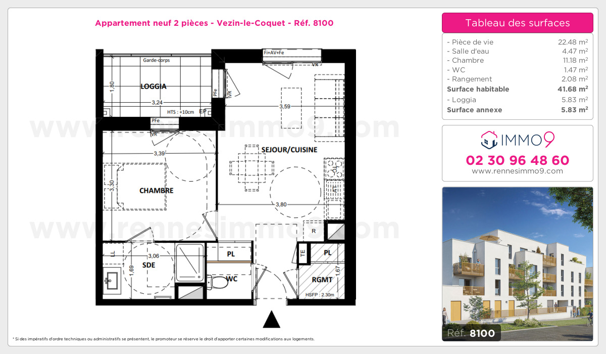 Plan et surfaces, Programme neuf Vezin-le-Coquet Référence n° 8100