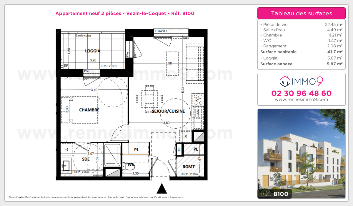 Plan et surfaces, Programme neuf Vezin-le-Coquet Référence n° 8100