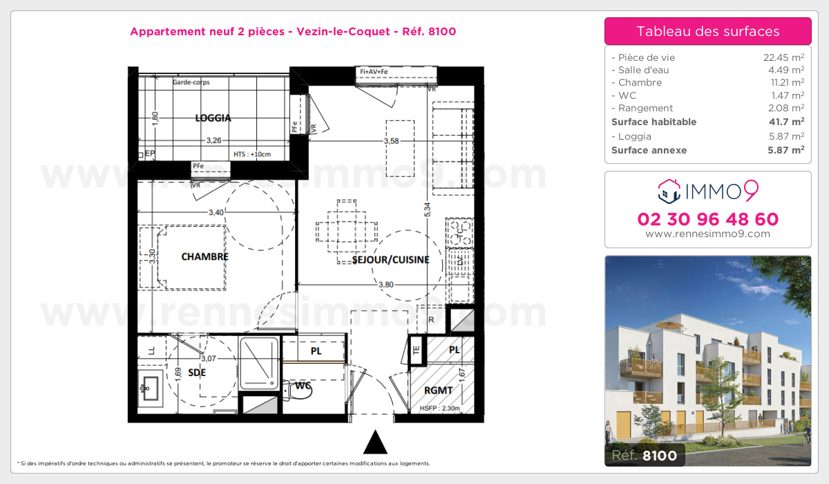 Plan et surfaces, Programme neuf Vezin-le-Coquet Référence n° 8100