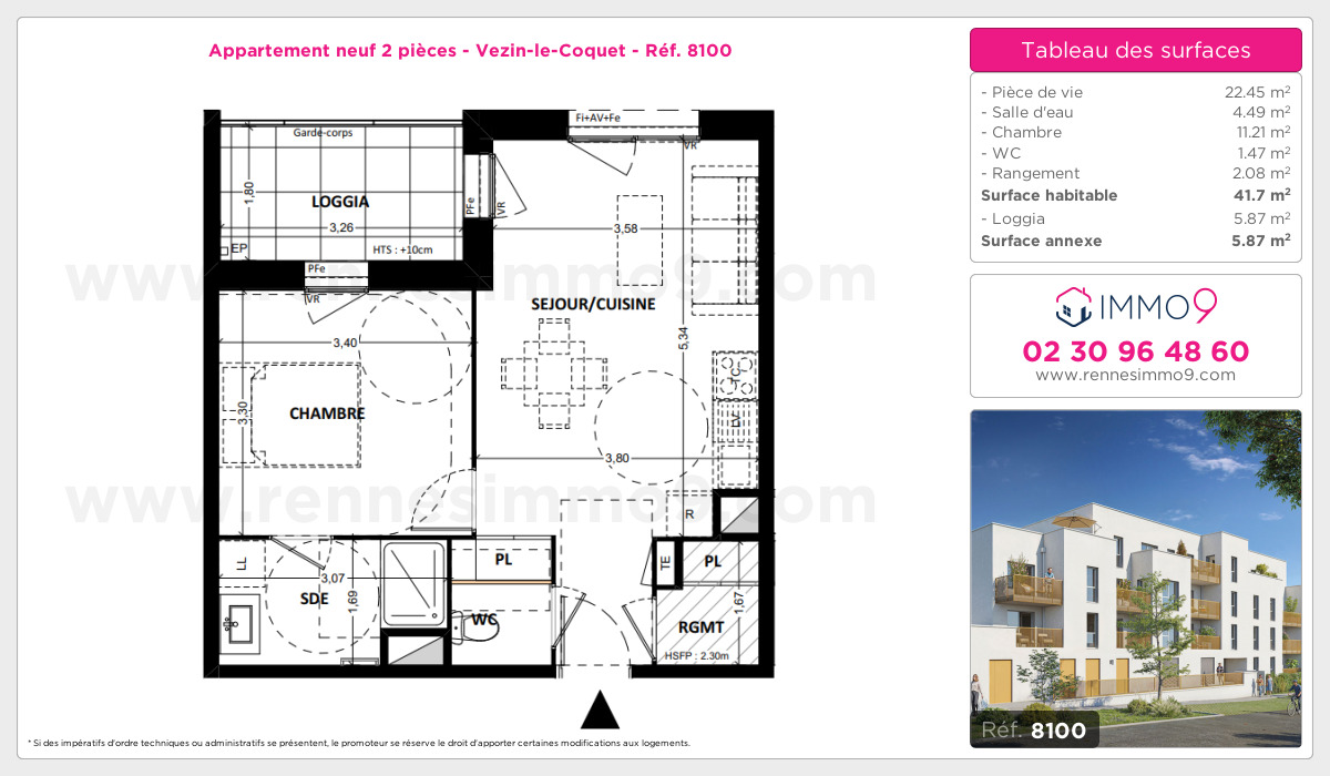 Plan et surfaces, Programme neuf Vezin-le-Coquet Référence n° 8100