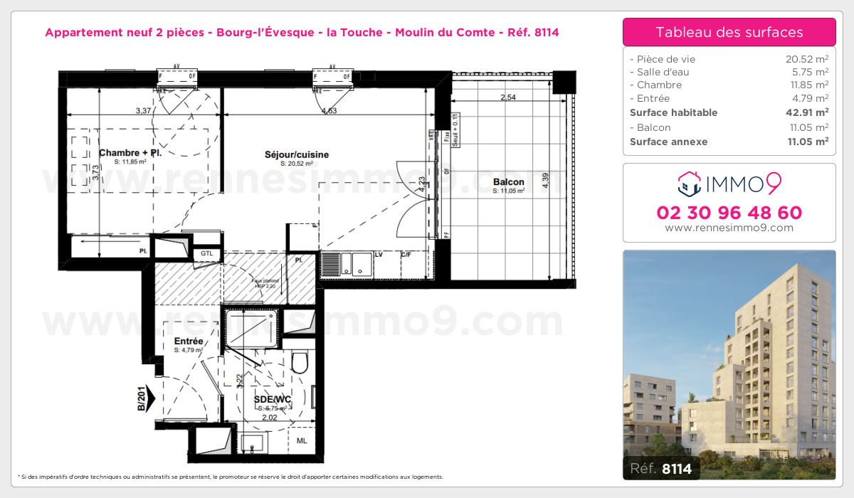 Plan et surfaces, Programme neuf Rennes : Bourg-l'Évesque - la Touche - Moulin du Comte Référence n° 8114