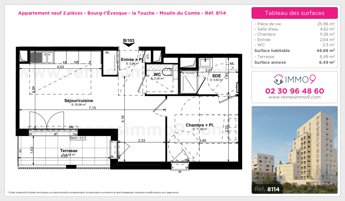 Plan et surfaces, Programme neuf Rennes : Bourg-l'Évesque - la Touche - Moulin du Comte Référence n° 8114