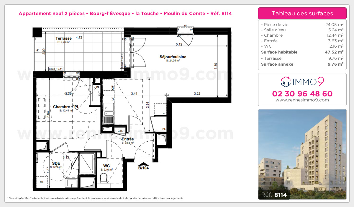 Plan et surfaces, Programme neuf Rennes : Bourg-l'Évesque - la Touche - Moulin du Comte Référence n° 8114