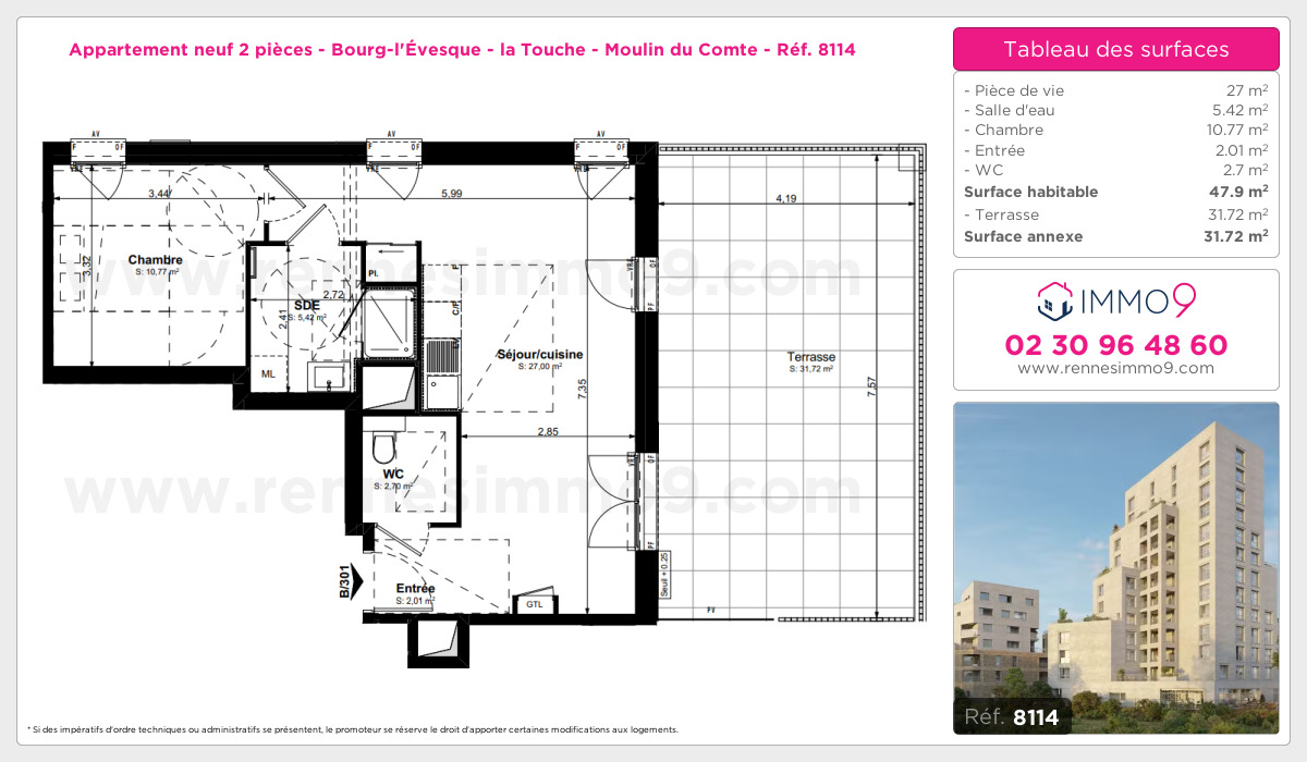 Plan et surfaces, Programme neuf Rennes : Bourg-l'Évesque - la Touche - Moulin du Comte Référence n° 8114
