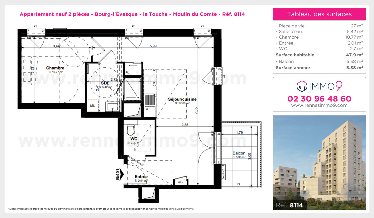 Plan et surfaces, Programme neuf Rennes : Bourg-l'Évesque - la Touche - Moulin du Comte Référence n° 8114