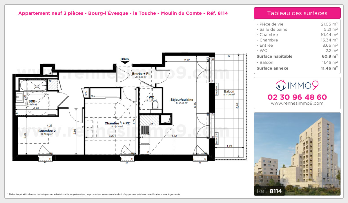 Plan et surfaces, Programme neuf Rennes : Bourg-l'Évesque - la Touche - Moulin du Comte Référence n° 8114