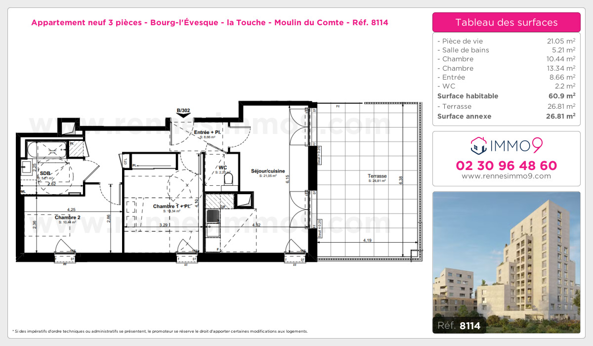 Plan et surfaces, Programme neuf Rennes : Bourg-l'Évesque - la Touche - Moulin du Comte Référence n° 8114