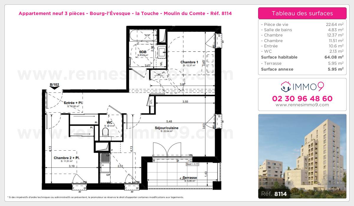 Plan et surfaces, Programme neuf Rennes : Bourg-l'Évesque - la Touche - Moulin du Comte Référence n° 8114
