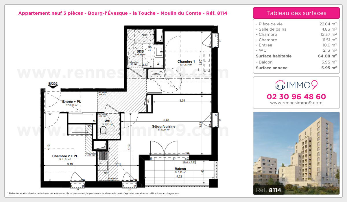 Plan et surfaces, Programme neuf Rennes : Bourg-l'Évesque - la Touche - Moulin du Comte Référence n° 8114