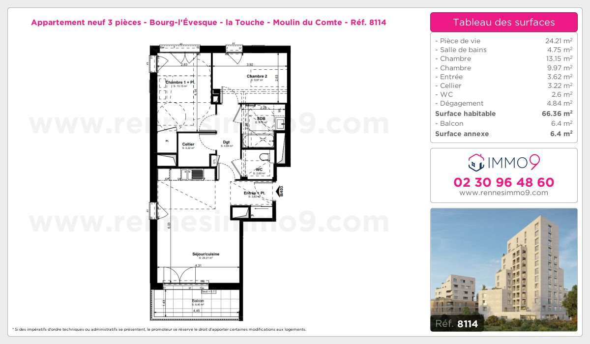 Plan et surfaces, Programme neuf Rennes : Bourg-l'Évesque - la Touche - Moulin du Comte Référence n° 8114