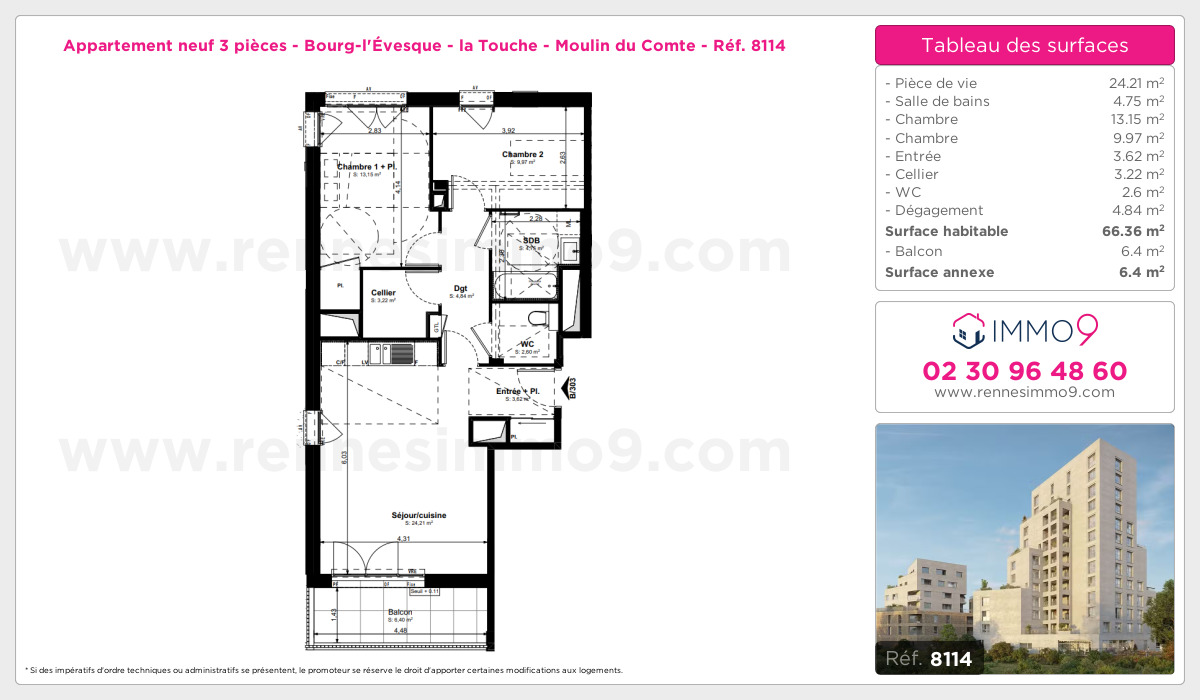 Plan et surfaces, Programme neuf Rennes : Bourg-l'Évesque - la Touche - Moulin du Comte Référence n° 8114