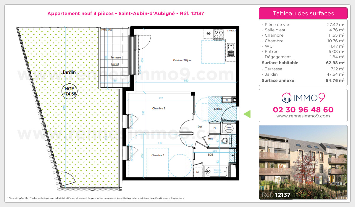 Plan et surfaces, Programme neuf Saint-Aubin-d'Aubigné Référence n° 12137