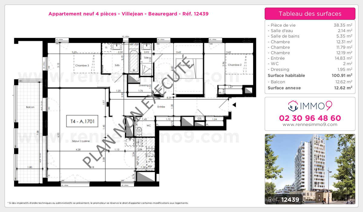 Plan et surfaces, Programme neuf Rennes : Villejean - Beauregard Référence n° 12439