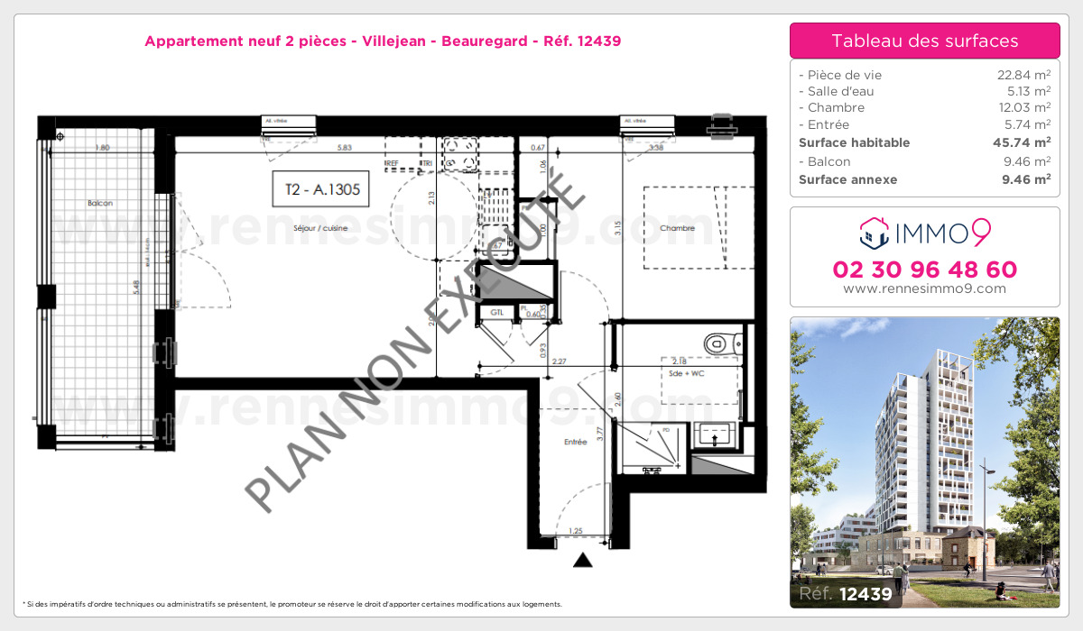 Plan et surfaces, Programme neuf Rennes : Villejean - Beauregard Référence n° 12439