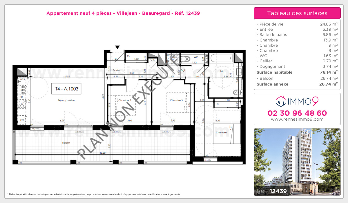 Plan et surfaces, Programme neuf Rennes : Villejean - Beauregard Référence n° 12439
