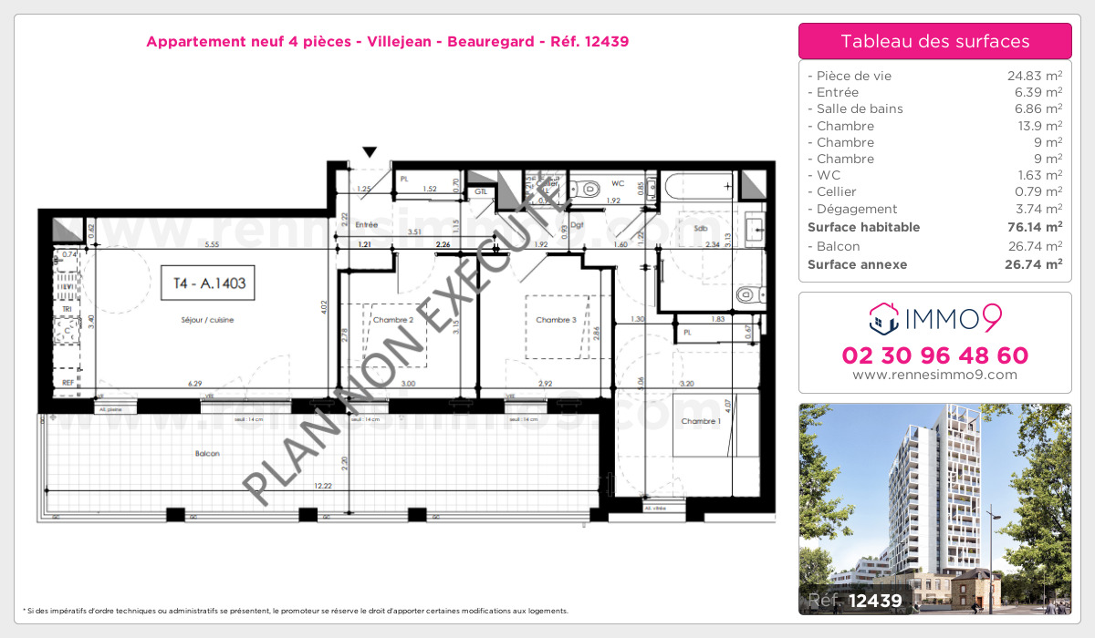 Plan et surfaces, Programme neuf Rennes : Villejean - Beauregard Référence n° 12439