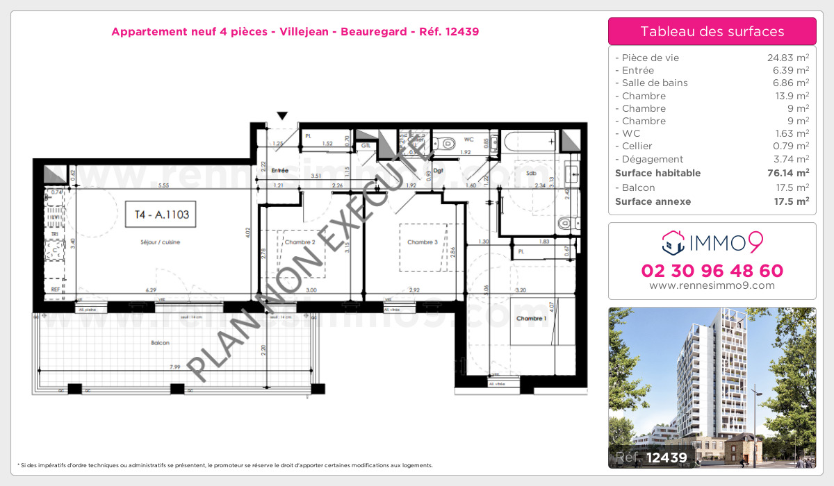 Plan et surfaces, Programme neuf Rennes : Villejean - Beauregard Référence n° 12439