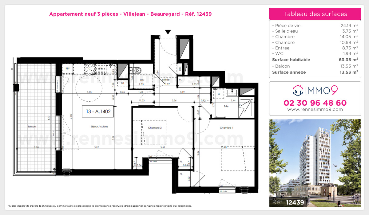 Plan et surfaces, Programme neuf Rennes : Villejean - Beauregard Référence n° 12439
