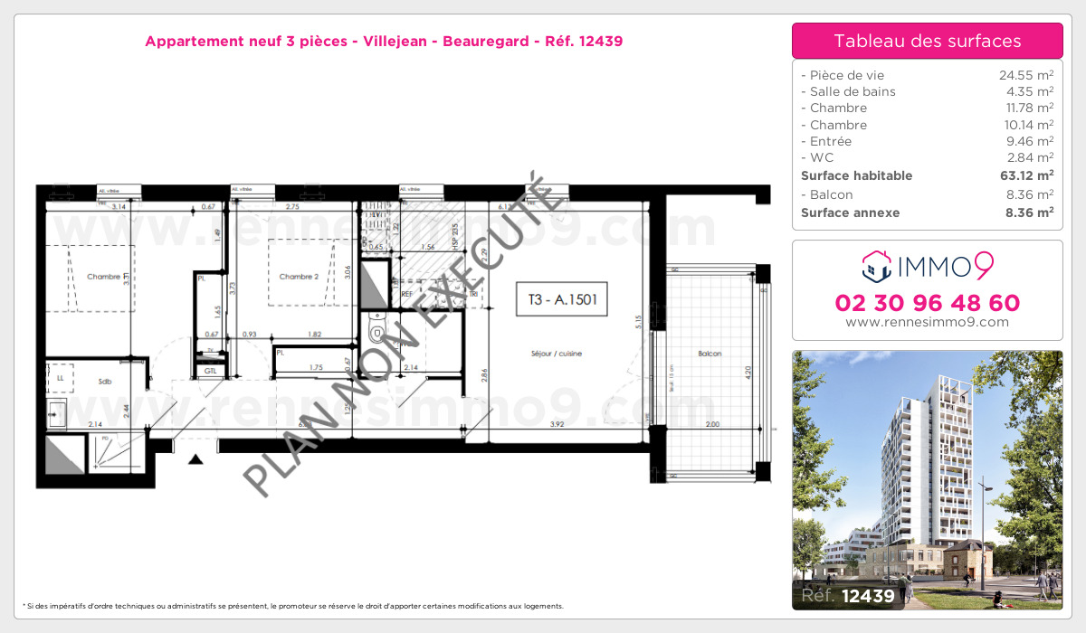 Plan et surfaces, Programme neuf Rennes : Villejean - Beauregard Référence n° 12439