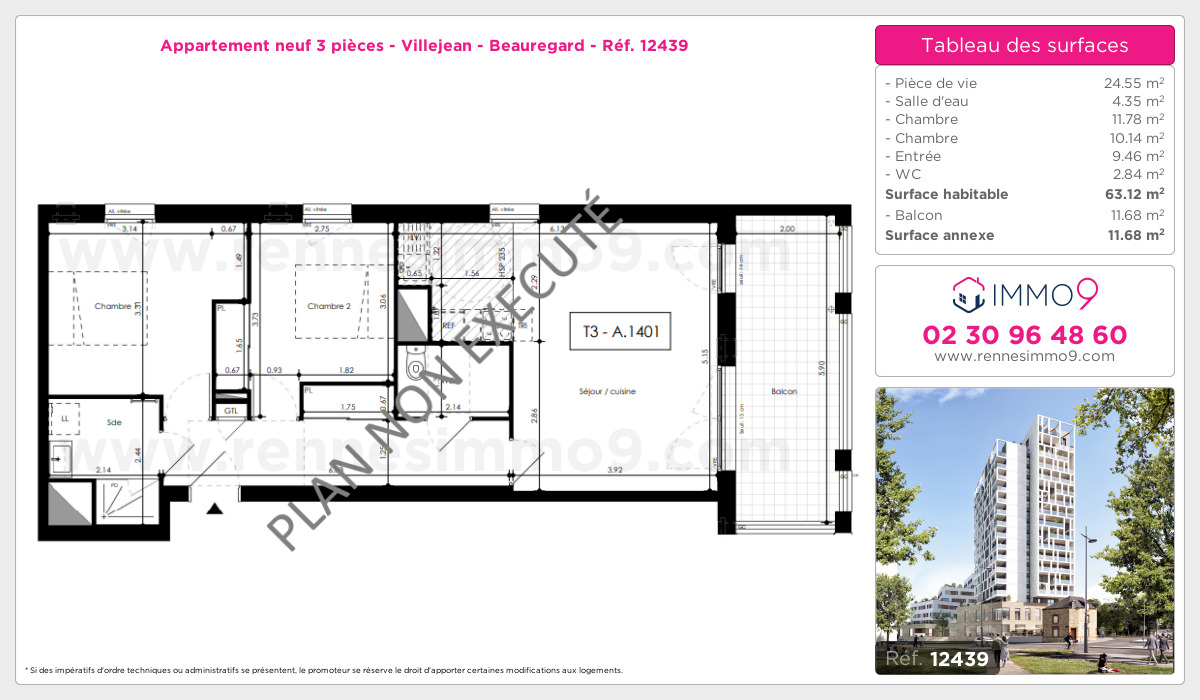 Plan et surfaces, Programme neuf Rennes : Villejean - Beauregard Référence n° 12439
