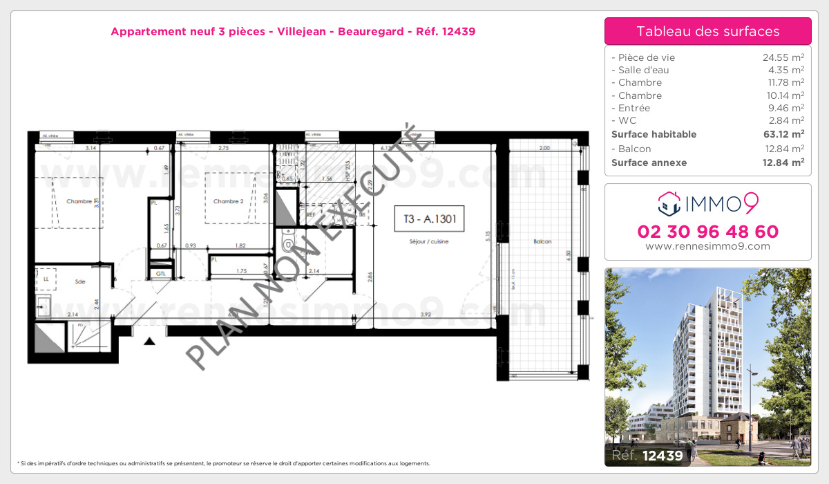 Plan et surfaces, Programme neuf Rennes : Villejean - Beauregard Référence n° 12439