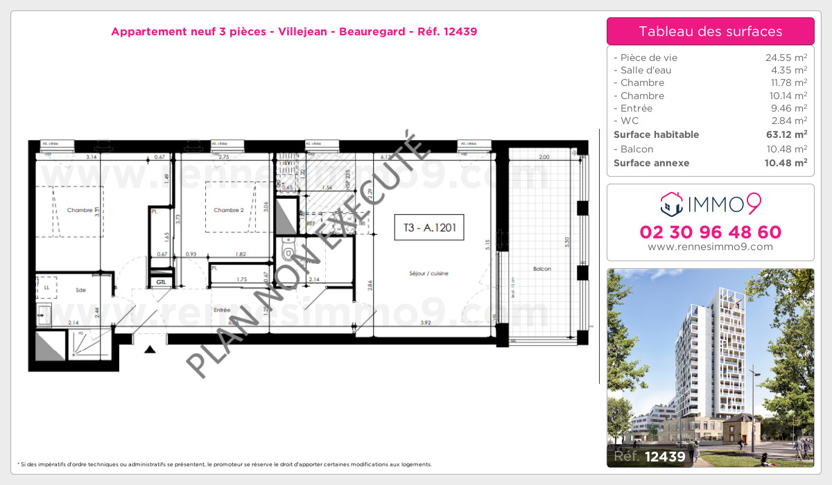 Plan et surfaces, Programme neuf Rennes : Villejean - Beauregard Référence n° 12439