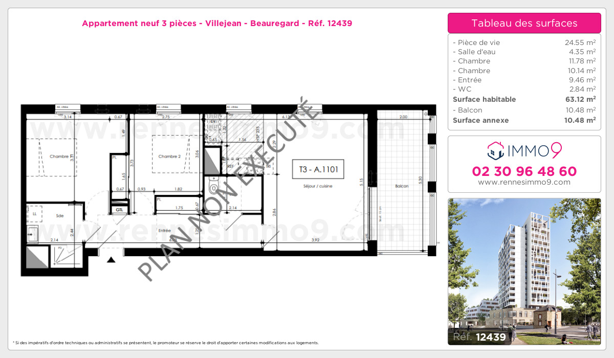 Plan et surfaces, Programme neuf Rennes : Villejean - Beauregard Référence n° 12439