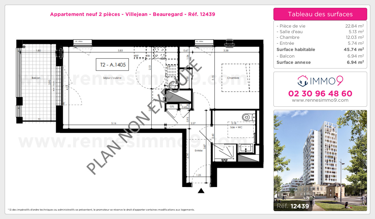 Plan et surfaces, Programme neuf Rennes : Villejean - Beauregard Référence n° 12439