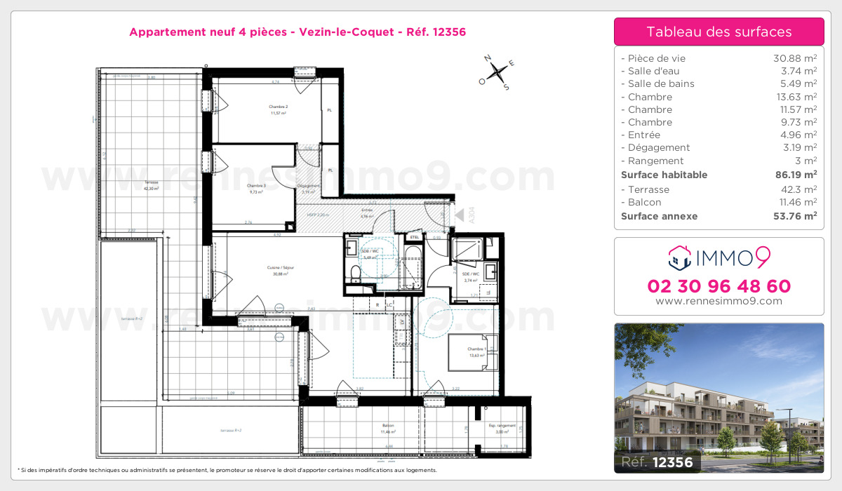 Plan et surfaces, Programme neuf Vezin-le-Coquet Référence n° 12356