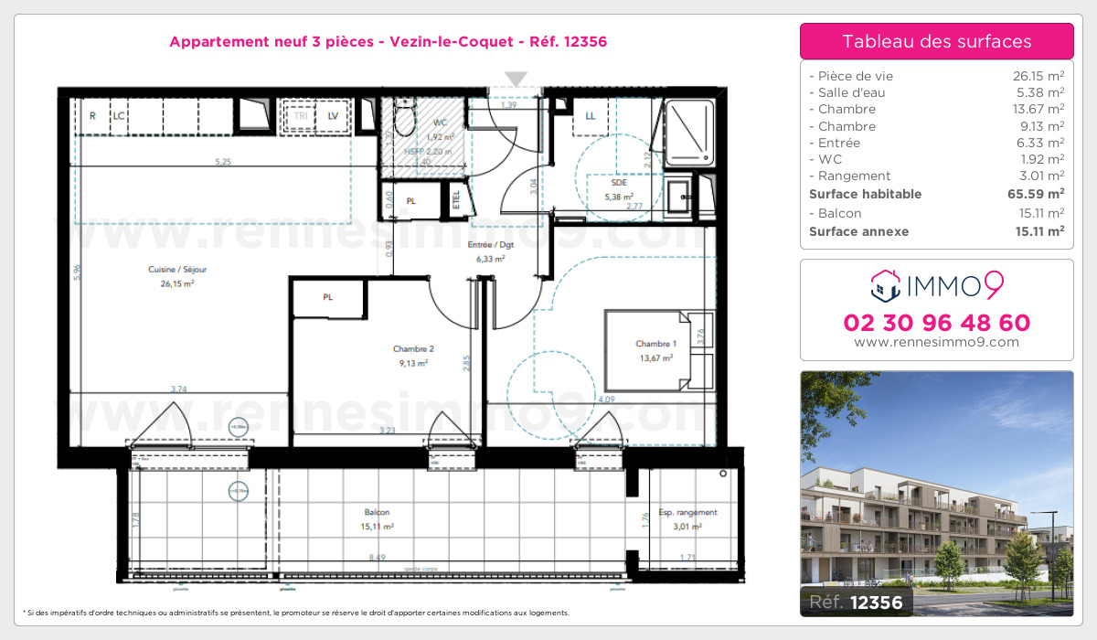 Plan et surfaces, Programme neuf Vezin-le-Coquet Référence n° 12356
