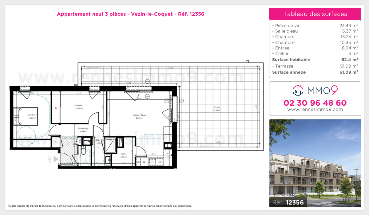 Plan et surfaces, Programme neuf Vezin-le-Coquet Référence n° 12356